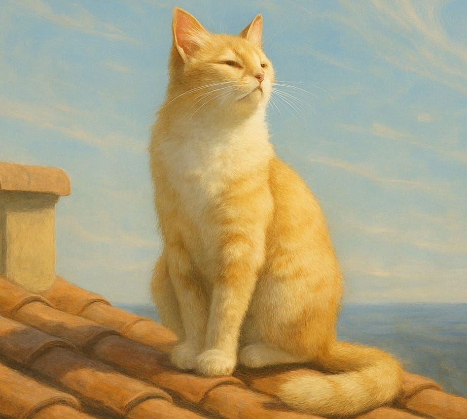 A cat on a rooftop, basking in light and frequency — a creature that hears color and tastes wind.