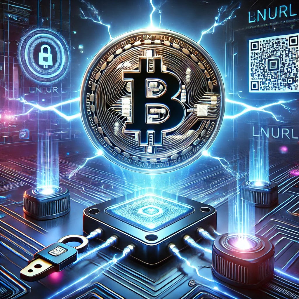 A futuristic and visually striking digital artwork representing LNURL and the Lightning Network. The image should feature a glowing Bitcoin logo interconnected with lightning bolts, symbolizing instant transactions. Additionally, include a sleek QR code and a digital authentication key floating in a cyberpunk-style environment, emphasizing security and speed. The background should have a high-tech, futuristic city vibe with blue and purple neon lights, creating a sense of innovation and cutting-edge technology.