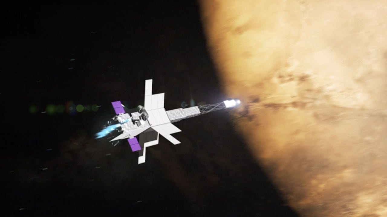 an illustration of a long needle-shaped spacecraft flying towards a red-and-orange orb in space an illustration of a long needle-shaped spacecraft flying towards a red-and-orange orb in space