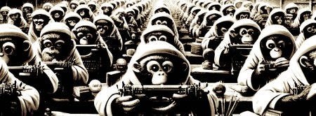 Une armée de singes équipés de machines à écrire. Si si, c'est bien l'image choisie par LitHub ! Une armée de singes équipés de machines à écrire. Si si, c'est bien l'image choisie par LitHub !