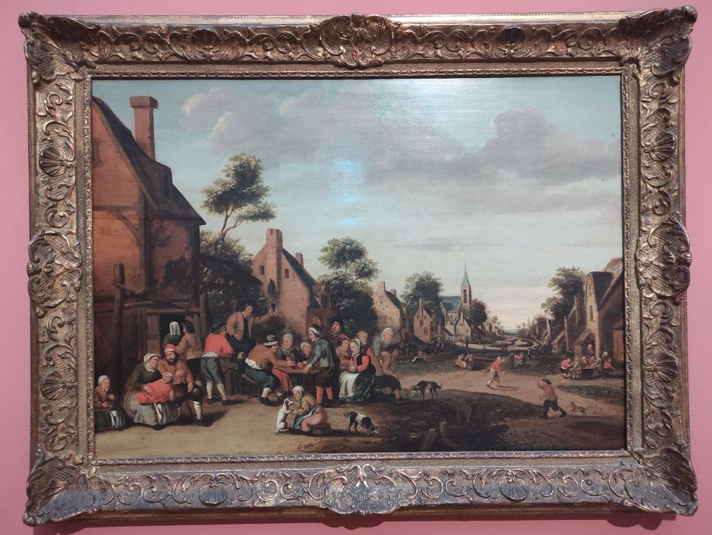 A painting of peasants drinking outside in a village while children play with animals in the street