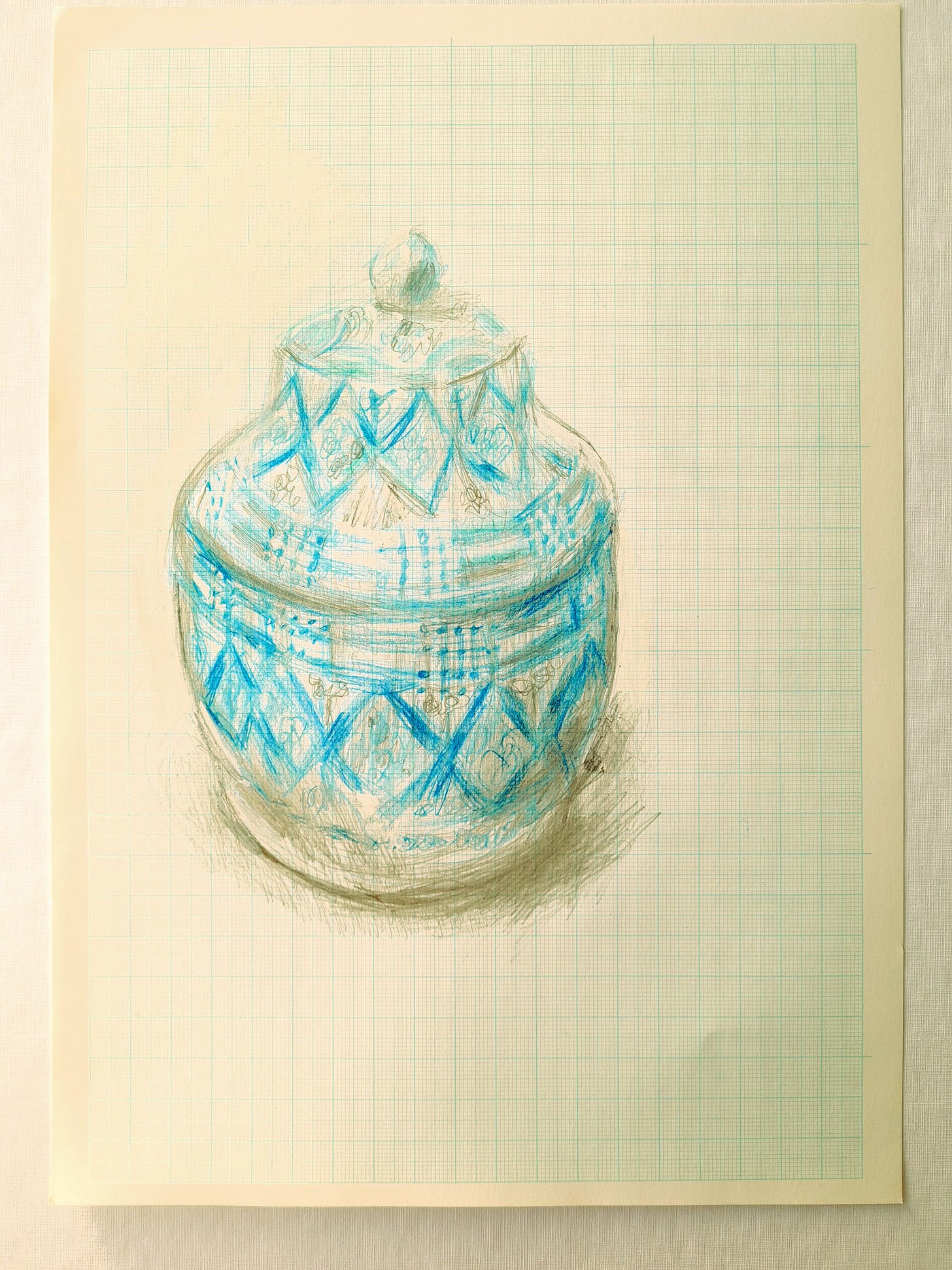 Photo of a drawing of a large patterned, lidded jar, lying on a white background.