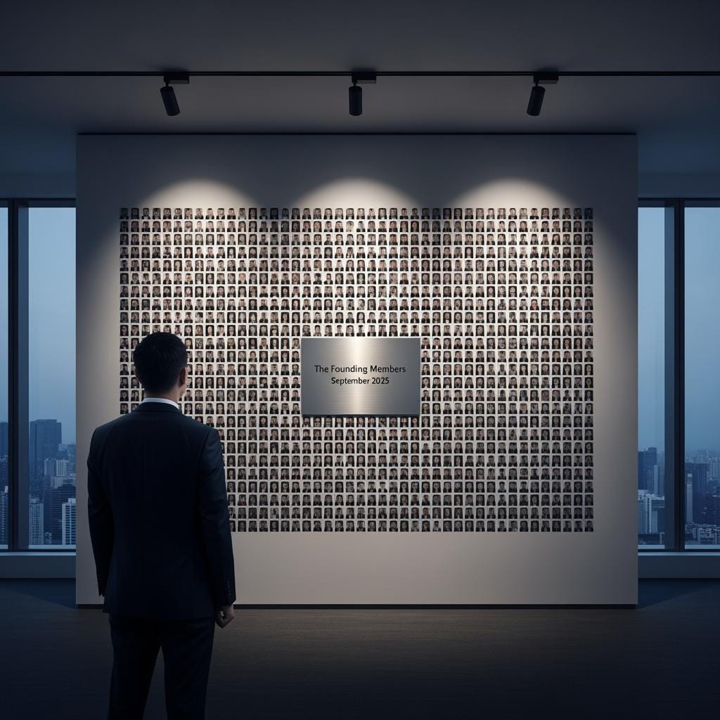 A photorealistic cinematic wide shot. In a stylish modern office a 40-year-old professional Chinese investor stands thoughtfully observing a large feature wall.The wall is an art installation a neat mosaic made of over 400 small printed prof_image_1