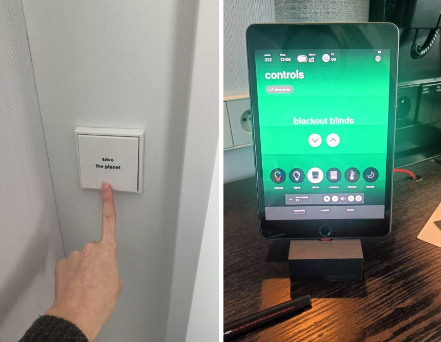 Une photo d'un interrupteur écrit "save the planet" et à droite une tablette avec plein de boutons pour eteindre les leds des rideaux.