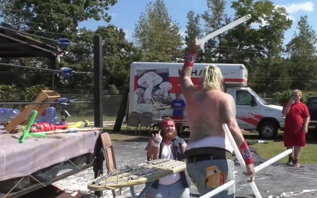 [Screenshot: Chuey smashes tubes next to the mystery ironing board]