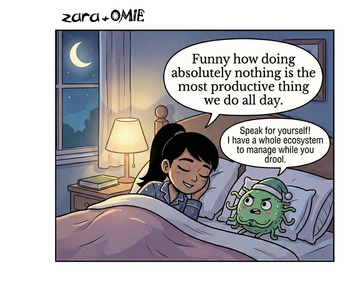 Zara rests in bed at night while Omie reminds her that the body keeps working during sleep.