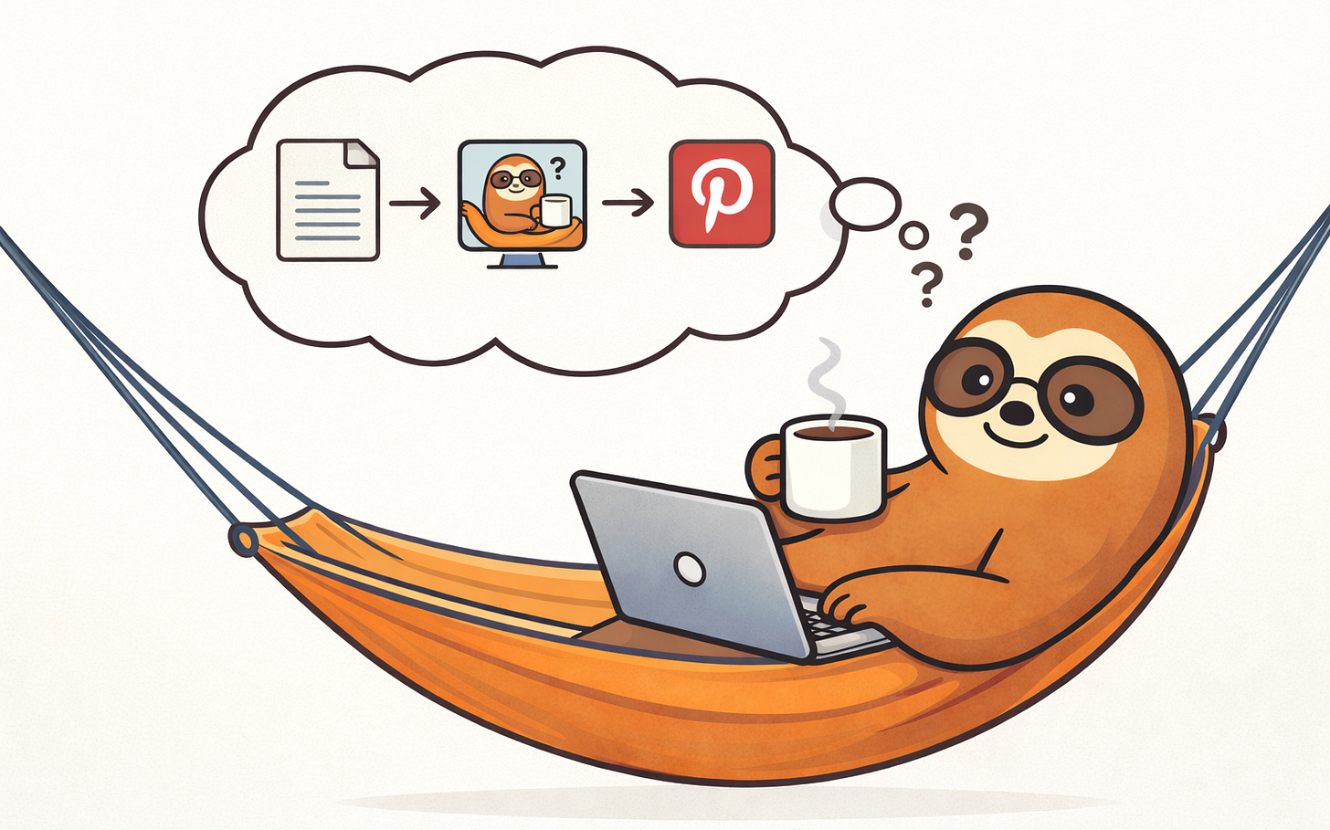 A cartoon sloth relaxes in a hammock with a laptop and coffee, thinking of a workflow from text to AI art on a computer to Pinterest. The mood is calm and contemplative.
