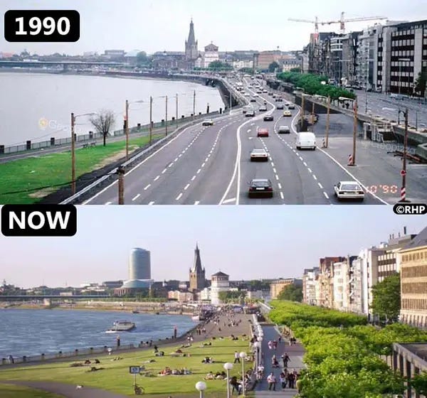 Düsseldorf, Germany: From busy highway to serene green park. Düsseldorf, Germany: From busy highway to serene green park.