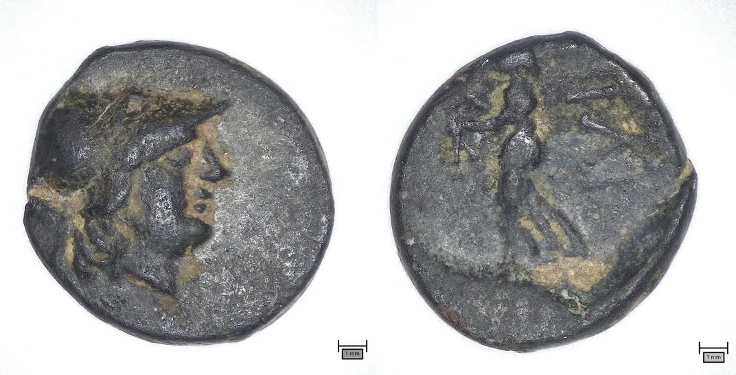 Bronze coin featuring Athena on its obverse and reverse