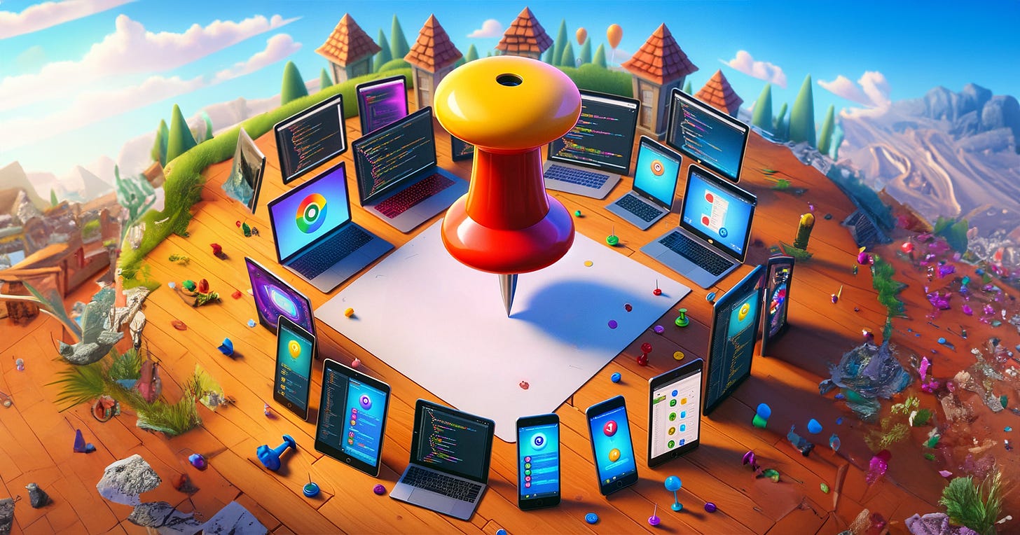 A huge drawing pin surrounded by laptops and smartphones