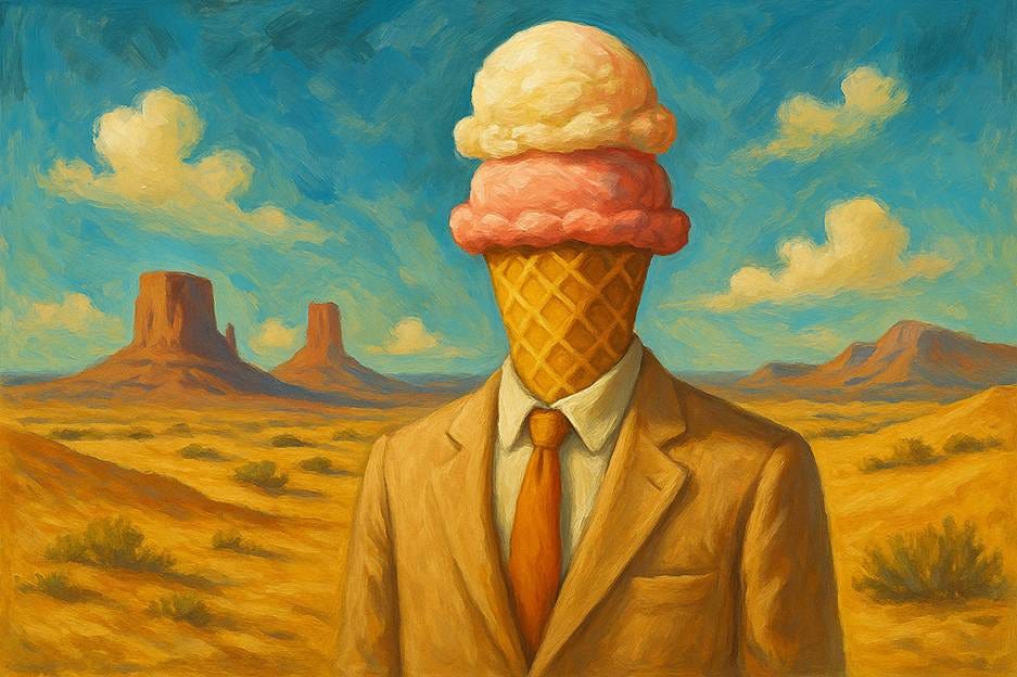 A person in a suit with ice cream on his head

AI-generated content may be incorrect.