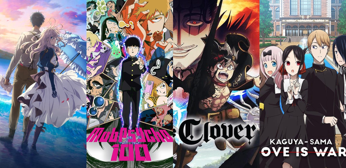 Horizontal collage of four anime (violet evergarden, mob psycho, black clover, and kaguya sama)