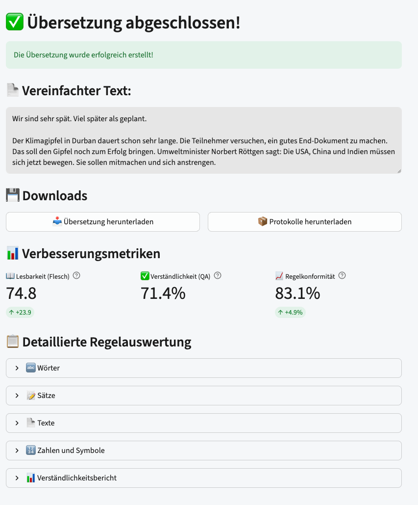KlarText result screen: the finished simplified text, download buttons, and three improvement metrics (readability, comprehension, rule compliance), with collapsible rule categories below KlarText result screen: the finished simplified text, download buttons, and three improvement metrics (readability, comprehension, rule compliance), with collapsible rule categories below