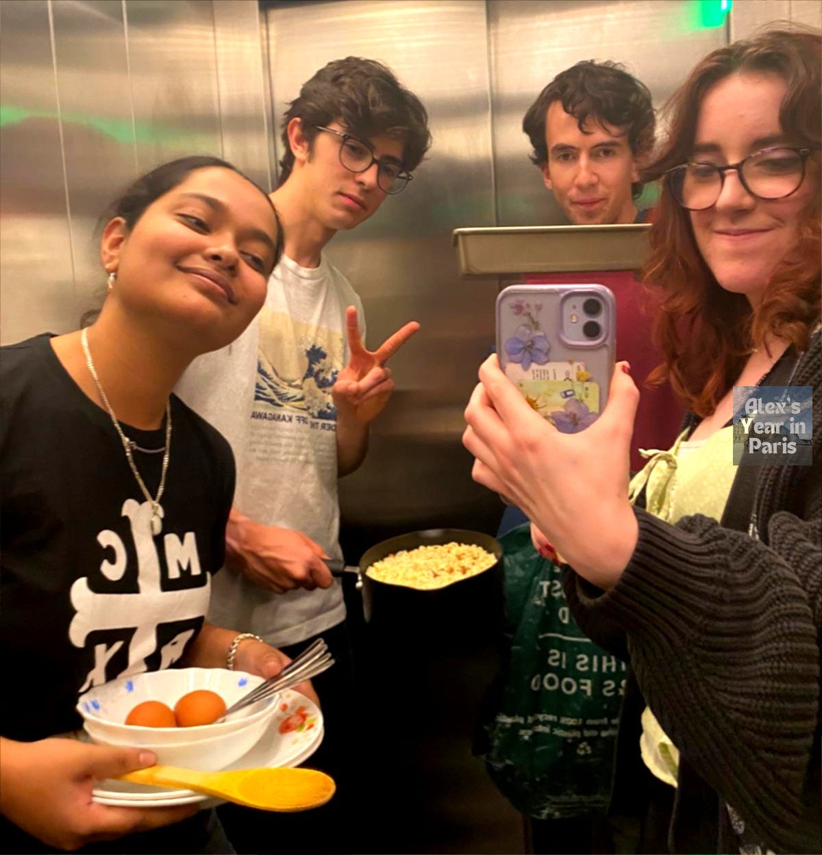 My friends and I in the lift, preparing to cook noodles My friends and I in the lift, preparing to cook noodles