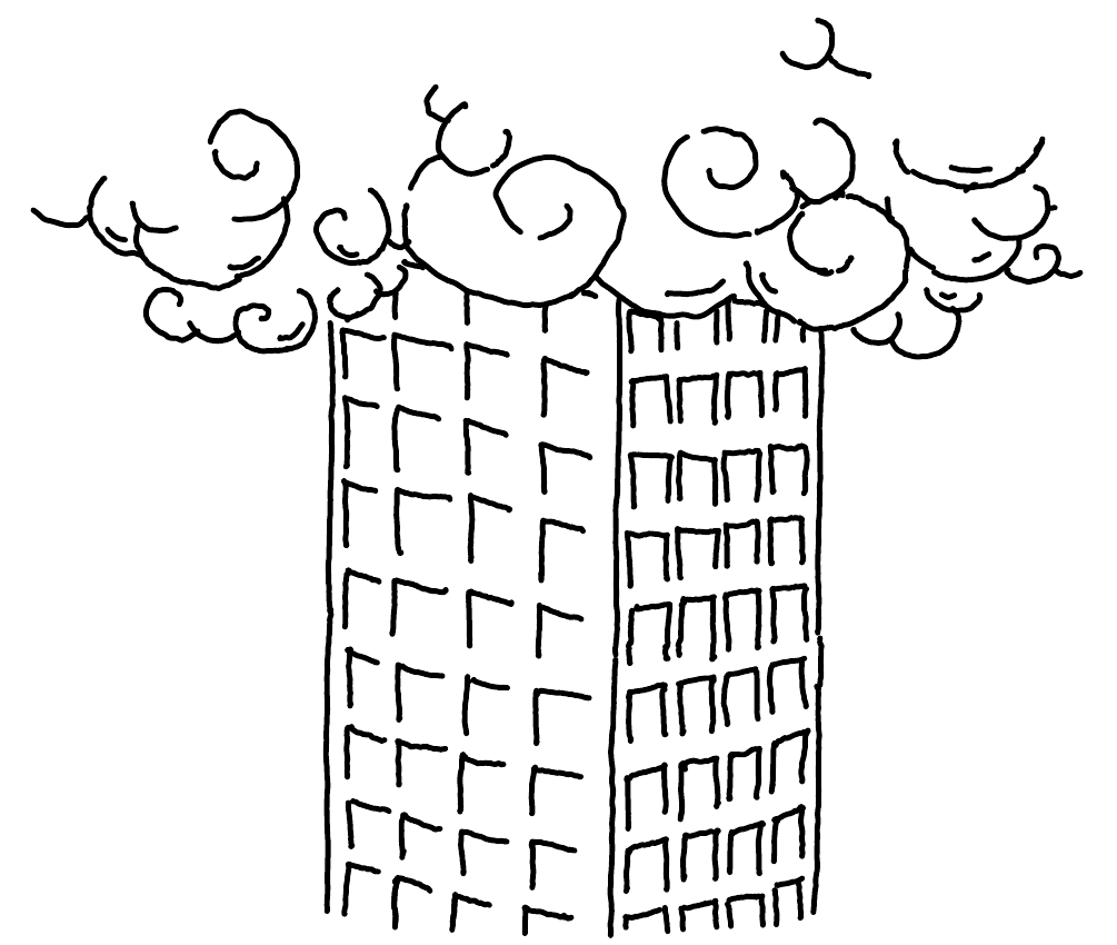 drawing of a tower in the clouds