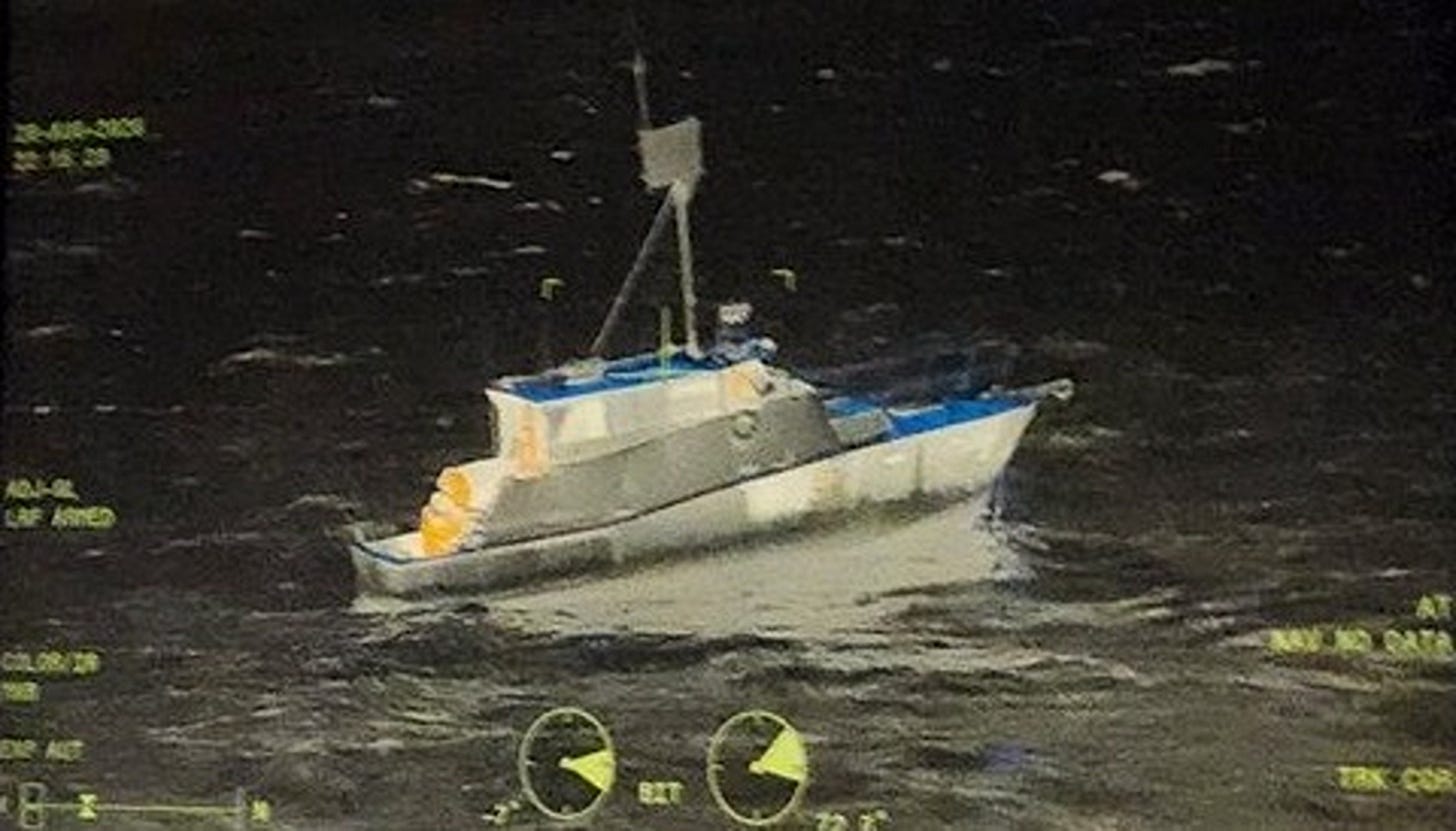 The operator of this pleasure craft radioed for assistance after running out of food, fuel, and water and becoming adrift in rough seas far offshore of California on August 28, 2026. (US Coast Guard photo) The operator of this pleasure craft radioed for assistance after running out of food, fuel, and water and becoming adrift in rough seas far offshore of California on August 28, 2026. (US Coast Guard photo)
