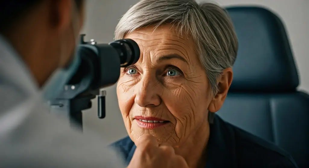 The Importance of Eye Exams in Glaucoma Detection A detailed photograph capturing an ophthalmologist conducting an examination on the eye of an elderly woman using a slit lamp to diagnose glaucoma.