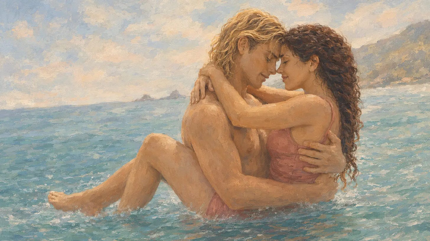 Lucia wraps her arms and legs around shirtless Matteo as he holds her in the ocean, their foreheads touching. Lucia wraps her arms and legs around shirtless Matteo as he holds her in the ocean, their foreheads touching.