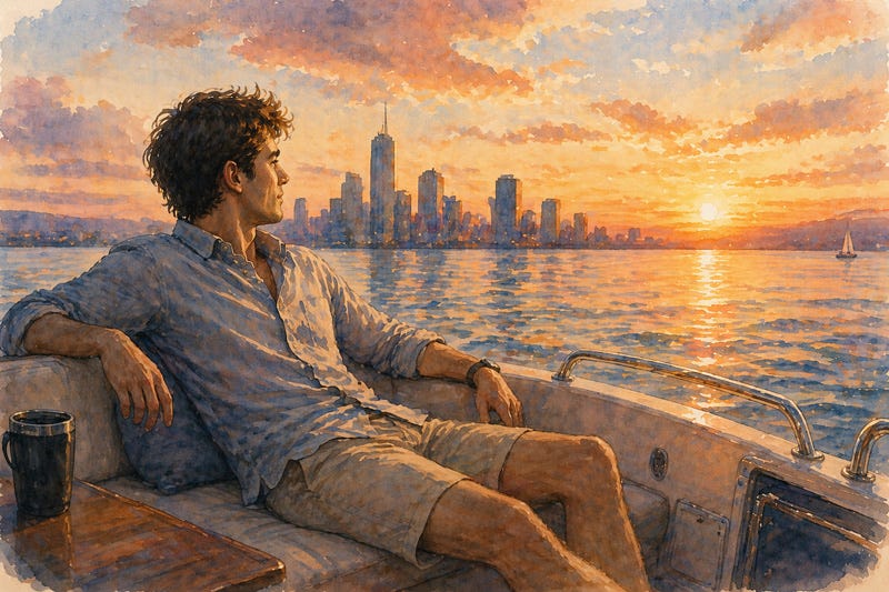 Introverted man relaxing on a boat at sunset, away from noise—finding clarity and mental calm in open space.