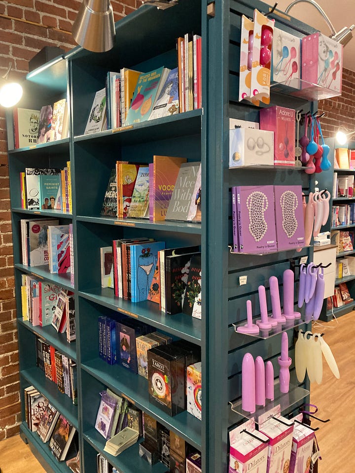 four interior shots of Venus Envy, colourful vibrators, books and Ry