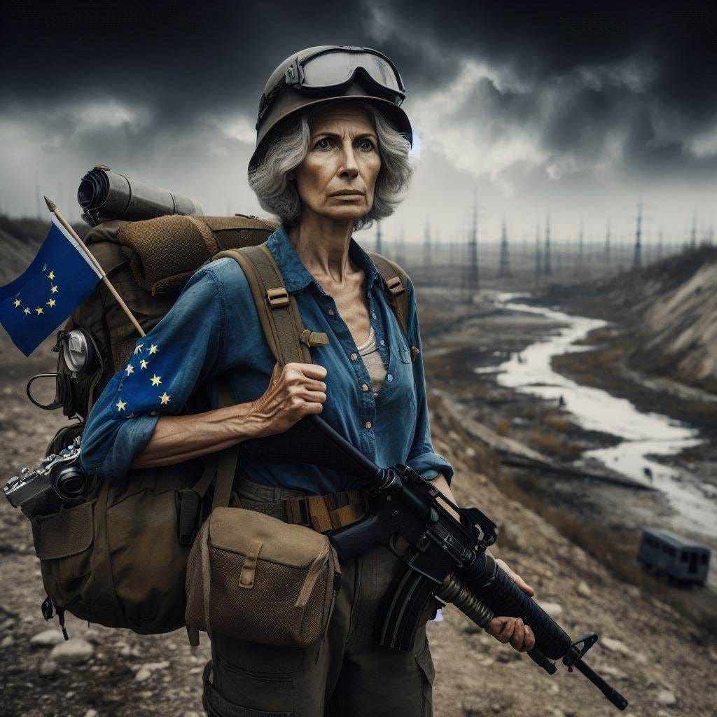 A mature woman looking worried wearing a blue shirt with the european flag marches onward in a desolate landscape burdened by a rifle, a backpack, and a helmet on her head. Dark post-apocalyptic atmosphere