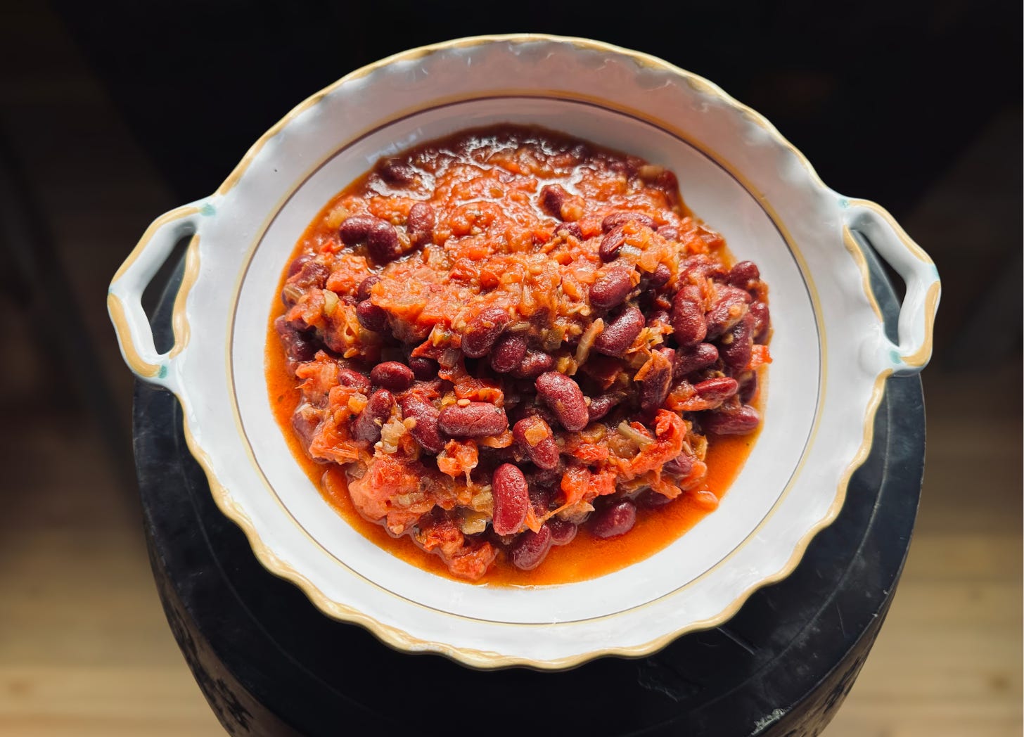A bowl of cooked kidney beans in an Italian tomato sauce by Marcella Hazan