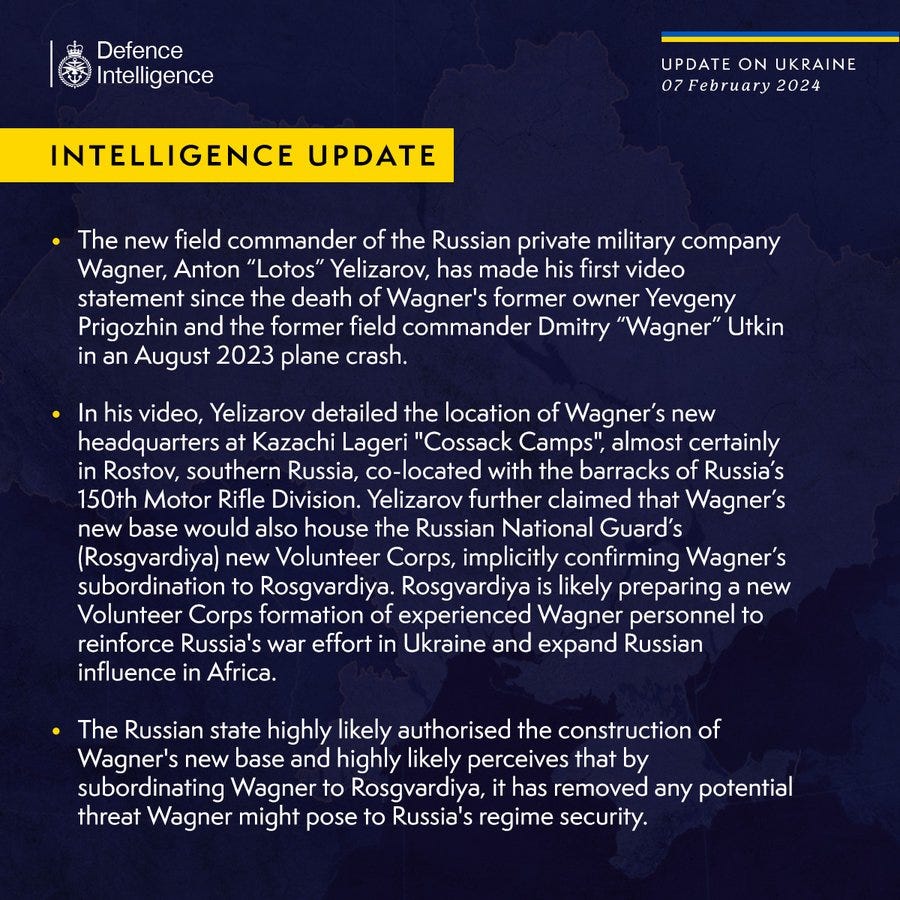 The new field commander of the Russian private military company Wagner, Anton “Lotos” Yelizarov, has made his first video statement since the death of Wagner's former owner Yevgeny Prigozhin and the former field commander Dmitry “Wagner” Utkin in an August 2023 plane crash.

In his video, Yelizarov detailed the location of Wagner’s new headquarters at Kazachi Lageri "Cossack Camps", almost certainly in Rostov, southern Russia, co-located with the barracks of Russia’s 150th Motor Rifle Division. Yelizarov further claimed that Wagner’s new base would also house the Russian National Guard’s (Rosgvardiya) new Volunteer Corps, implicitly confirming Wagner’s subordination to Rosgvardiya. Rosgvardiya is likely preparing a new Volunteer Corps formation of experienced Wagner personnel to reinforce Russia's war effort in Ukraine and expand Russian influence in Africa.