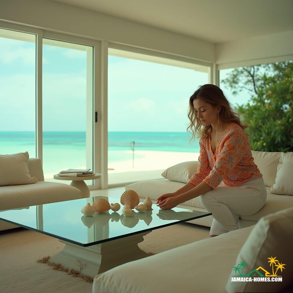 A stylishly dressed woman, wearing a bright floral blouse and white pants, meticulously arranges decorative seashells on a modern glass coffee table, amidst a sleek, minimalist living room with large windows overlooking the turquoise Caribbean Sea and pristine white sand beach of Jamaica. Cinematic film still, reminiscent of the works of Roger Deakins, Emmanuel Lubezki, and Hoyte van Hoytema, with subtle film grain, vignette, and warm, golden color grading, evoking a sense of tropical paradise. The lighting is soft and diffused, with dramatic shadows accentuating the curves of the modern furniture, as if shot on 35mm film with a v-raptor XL camera, post-processed to perfection, exuding an atmospheric, epic quality. A stylishly dressed woman, wearing a bright floral blouse and white pants, meticulously arranges decorative seashells on a modern glass coffee table, amidst a sleek, minimalist living room with large windows overlooking the turquoise Caribbean Sea and pristine white sand beach of Jamaica. Cinematic film still, reminiscent of the works of Roger Deakins, Emmanuel Lubezki, and Hoyte van Hoytema, with subtle film grain, vignette, and warm, golden color grading, evoking a sense of tropical paradise. The lighting is soft and diffused, with dramatic shadows accentuating the curves of the modern furniture, as if shot on 35mm film with a v-raptor XL camera, post-processed to perfection, exuding an atmospheric, epic quality.