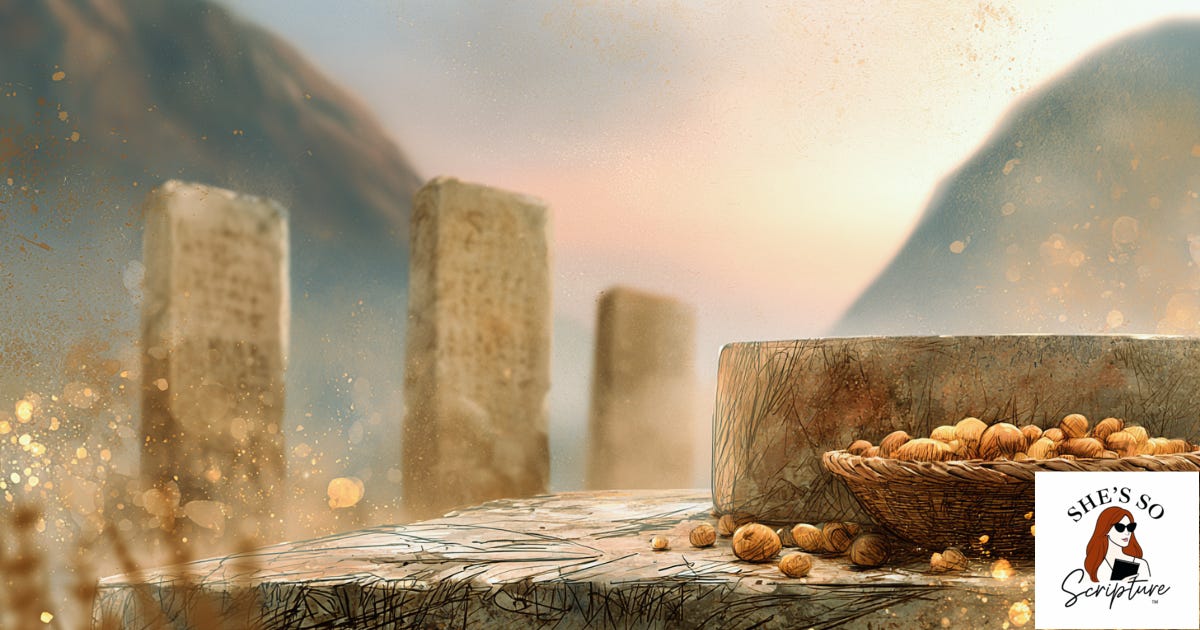 Illustrated ancient altar at dusk with a firstfruits basket, inscribed plastered stones, and two mountains rising in the distance, in deep plum and gold watercolor tones.