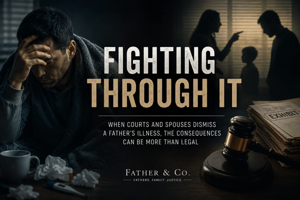 A distressed man with his head in his hand, sitting near a messy table with tissues and a coffee mug, illustrating emotional struggle. In the background, a shadowy figure points, suggesting conflict or courtroom issues. Text overlay reads 'FIGHTING THROUGH IT' with a message about the consequences of dismissing a father's illness.