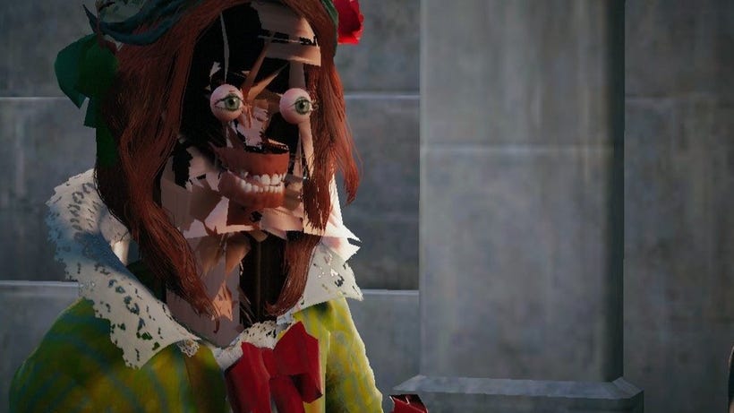 A glitch causes a character model's face to explode in a Lovecraftian fashion