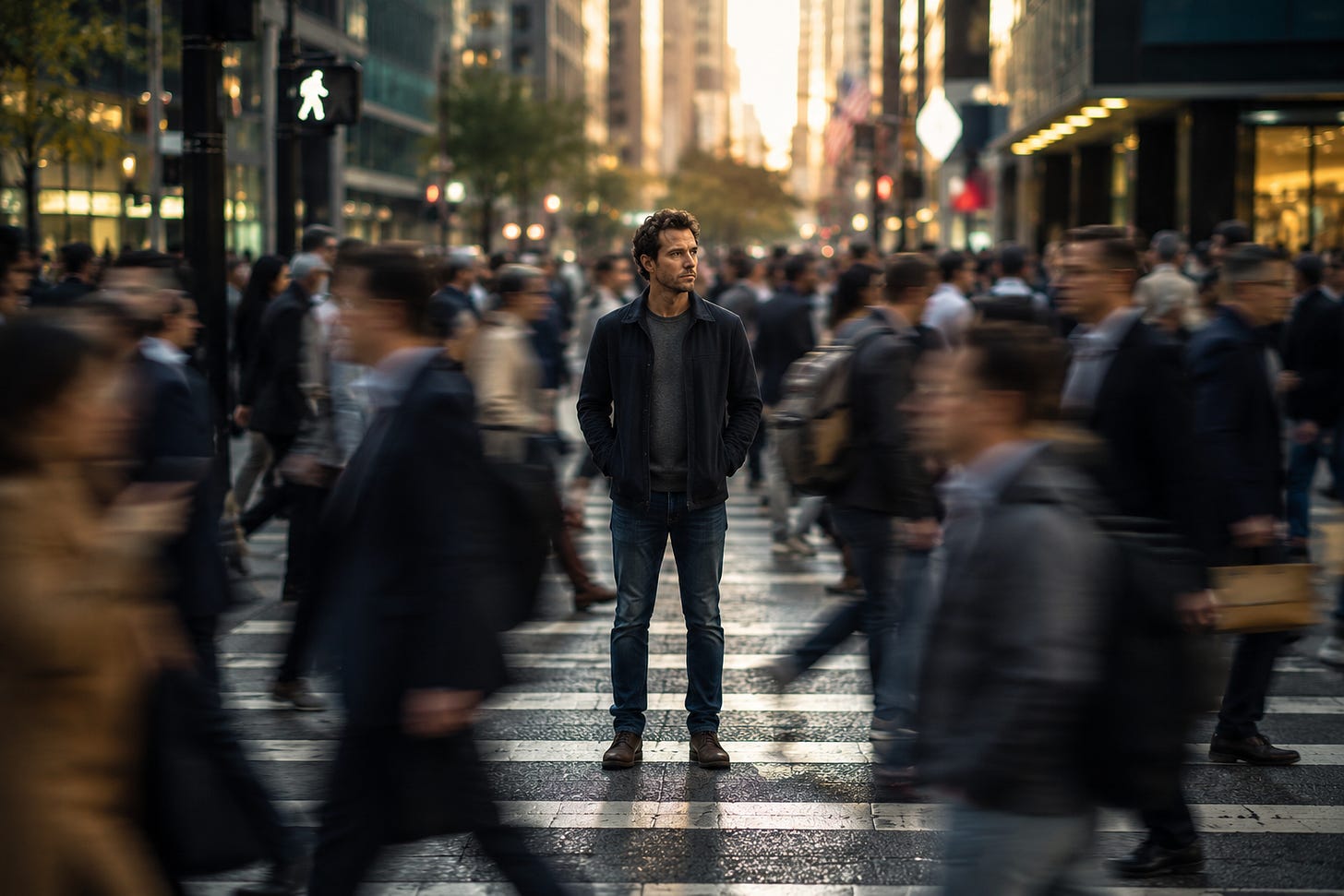 A solitary man stands motionless in the middle of a busy city crosswalk while blurred crowds rush past him, symbolizing modern loneliness, disconnection, and the feeling of being invisible in an increasingly connected world. A solitary man stands motionless in the middle of a busy city crosswalk while blurred crowds rush past him, symbolizing modern loneliness, disconnection, and the feeling of being invisible in an increasingly connected world.