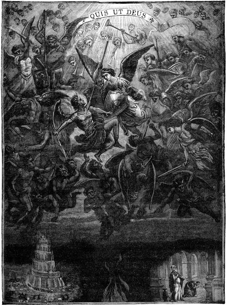 This may contain: this is an illustration of the fall of the rebelliouss in hell with angels and demons