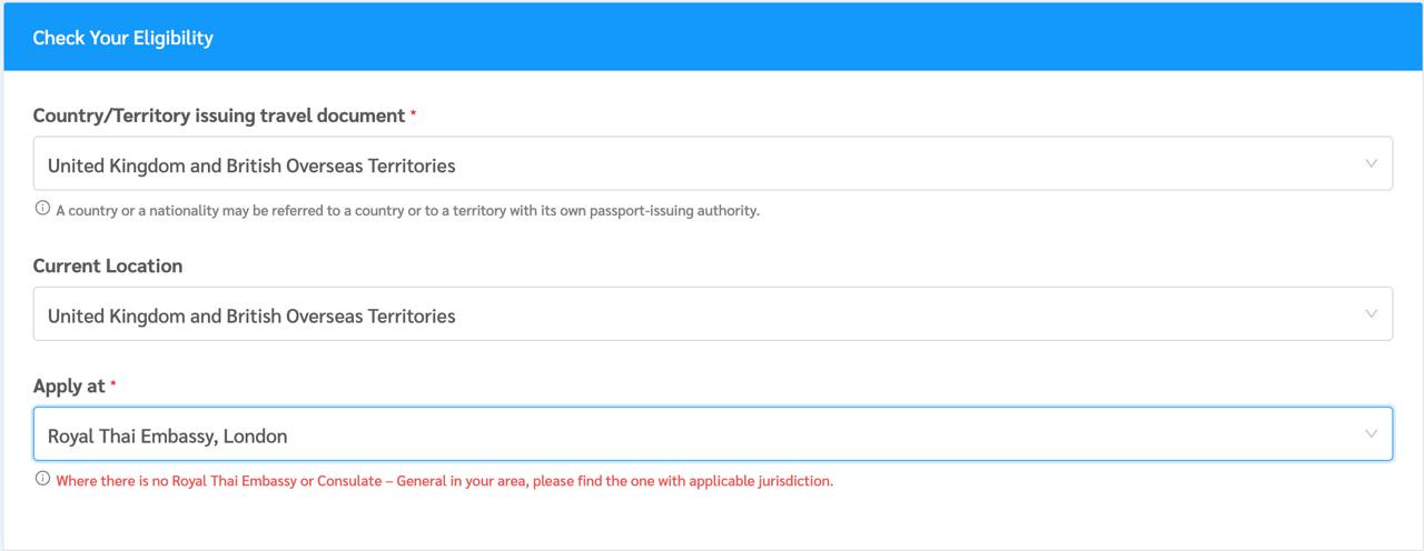 An image of the Destination Thailand Visa (DTV) online application section for choosing your country/territory and local Embassy An image of the Destination Thailand Visa (DTV) online application section for choosing your country/territory and local Embassy