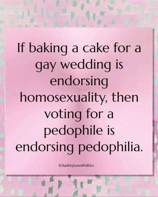 May be an image of text that says 'If baking a cake for a gay wedding is endorsing homosexuality, then voting for a pedophile is endorsing pedophilia. ©AudreyLovesPolitics'