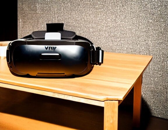 AI-generated image based on prompt: Still life of shiny VR goggles on a glass table