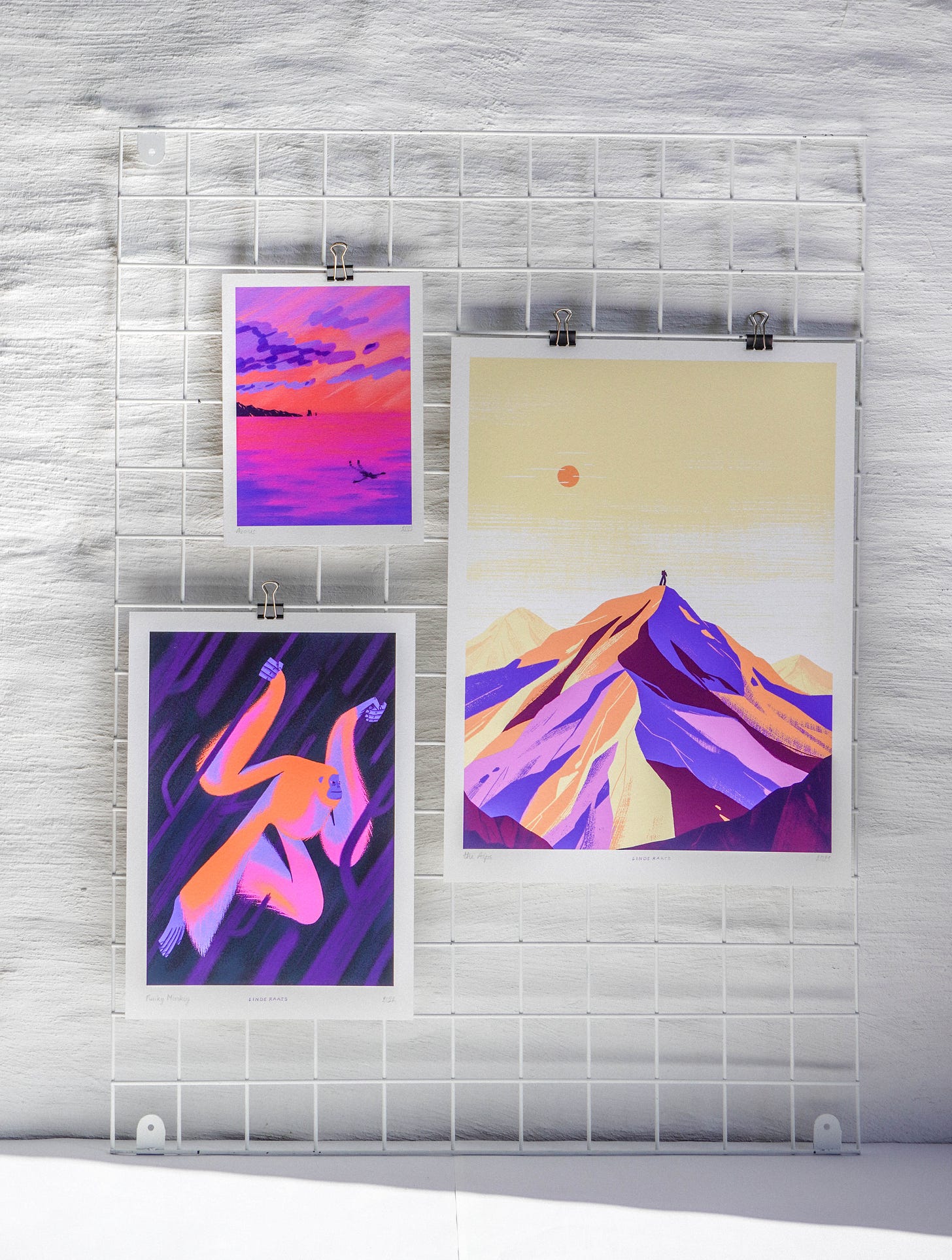 Photo of a few art prints on the wall.