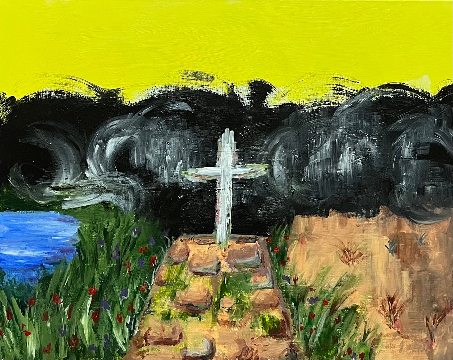Painting of a path that leads to a shining cross in front of a dark cloud. The sky is yellow, and a lake is to the left, a desert to the right.