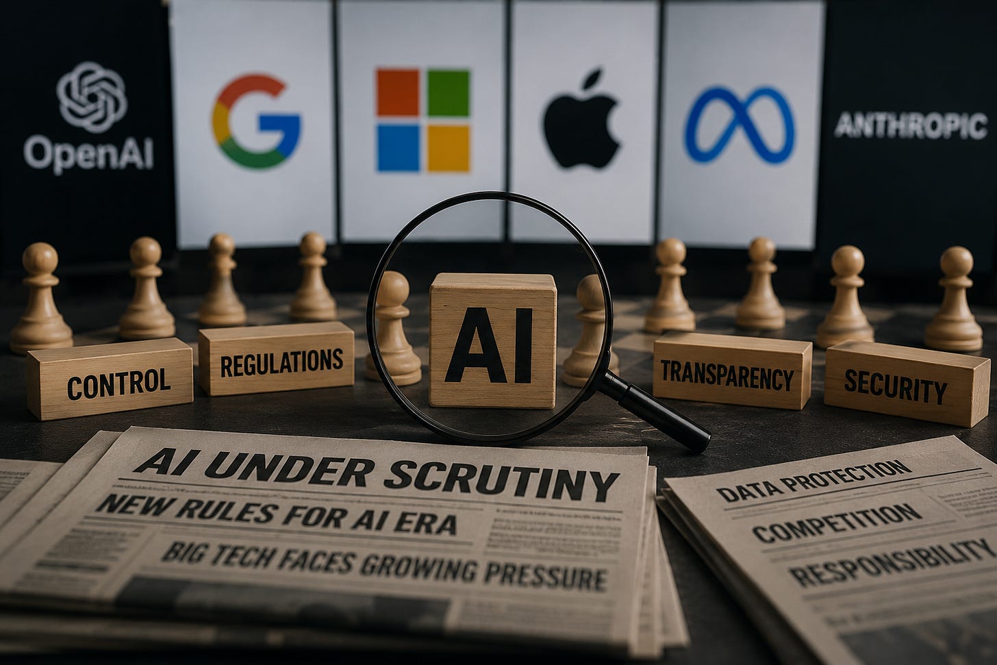 Imagine editorială despre AI aflat sub presiune publică și instituțională, cu referințe vizuale la control, reglementare, securitate și marile platforme tehnologice.
