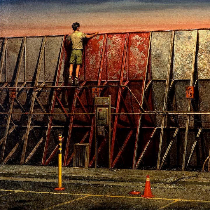 LEFT: Detail from TERMINUS featuring a boy standing tip-toed atop a painted barricade. Conduit runs horizontally to a junction box, splitting just before to rise and run parallel above it. Signs tacked to buttress supports read from right to left A15, A16, and A17. On the sidewalk, a wooden crate is turned on its side. On the asphalt below the curb, a yellow stanchion with 3 black stripes and a reflector at the top marks a parking space. In the next space, the stanchion is missing from the base and an orange traffic cone sits askew, slightly overlapping the yellow space markings.   RIGHT: Background detail from TERMINUS featuring a barricade painted with a white 5-pointed star bound inside a circle. A sign in the top right reads "NO TRESPASSING." Small orange signs are tacked on the support struts. There's a chunk missing from A13, the sign farthest right, as it is presented slightly tilted. On the left, an exit sign on bent pole intrudes into frame. The traffic arrow set atop it points up at a 45° angle.