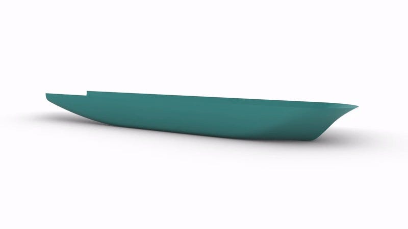 A sleek, modern teal boat design viewed from the side.