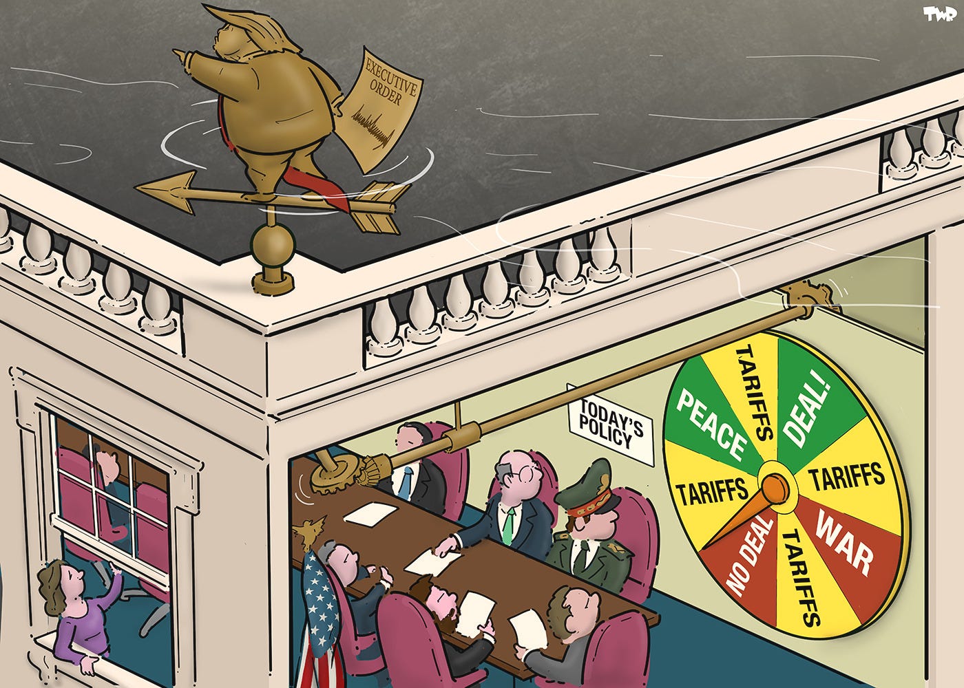 Cartoon showing the top floor and the roof of the White House. A weather vane shaped like Trump is circling in the wind on the roof, and is connected via gears to a wheel of fortune where a needle indicates which will be today's policy: tariffs, war, peace, deal or no deal. Trump's cabinet sits at a long table, looking expectantly at the wheel.
