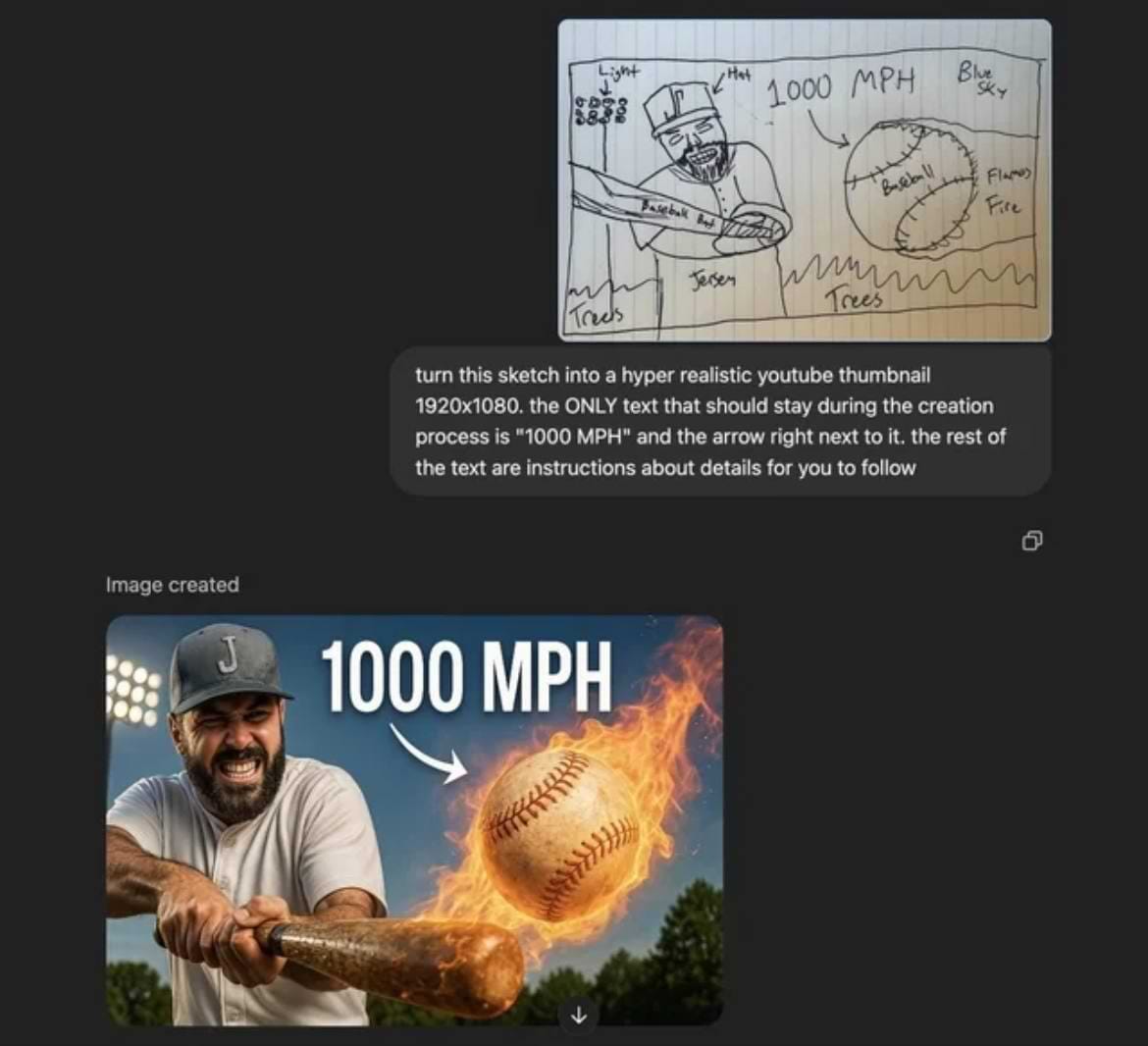YouTube thumbnail created with ChatGPT’s AI image generator, based on a hand-drawn sketch showing a baseball player and a flaming ball labeled '1000 MPH'. The final image closely follows the original prompt with photorealistic detail, highlighting the model’s ability to translate visual instructions into professional-quality thumbnails.