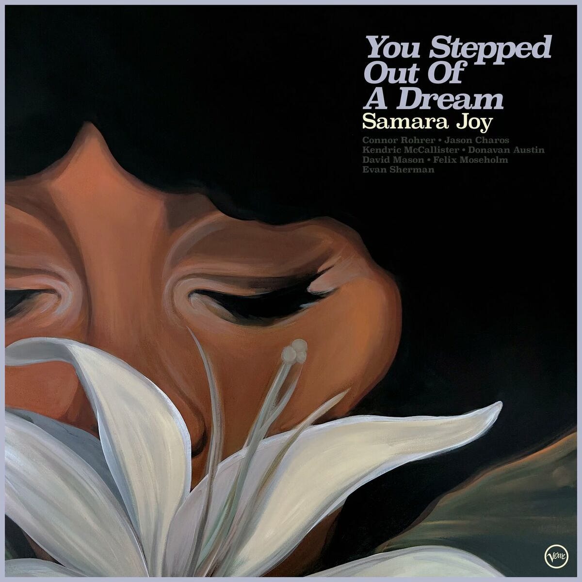 Samara Joy "You Stepped Out Of A Dream" single cover which shows a Black woman with her eyes closes smelling a white flower, likely a lily.