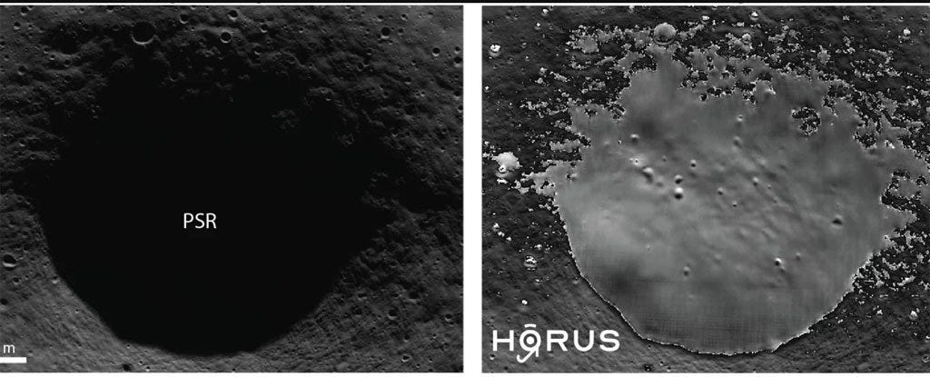 Side by side photos demonstrating HORUS's ability to generate high-definition photographs of dark lunar craters. Side by side photos demonstrating HORUS's ability to generate high-definition photographs of dark lunar craters.