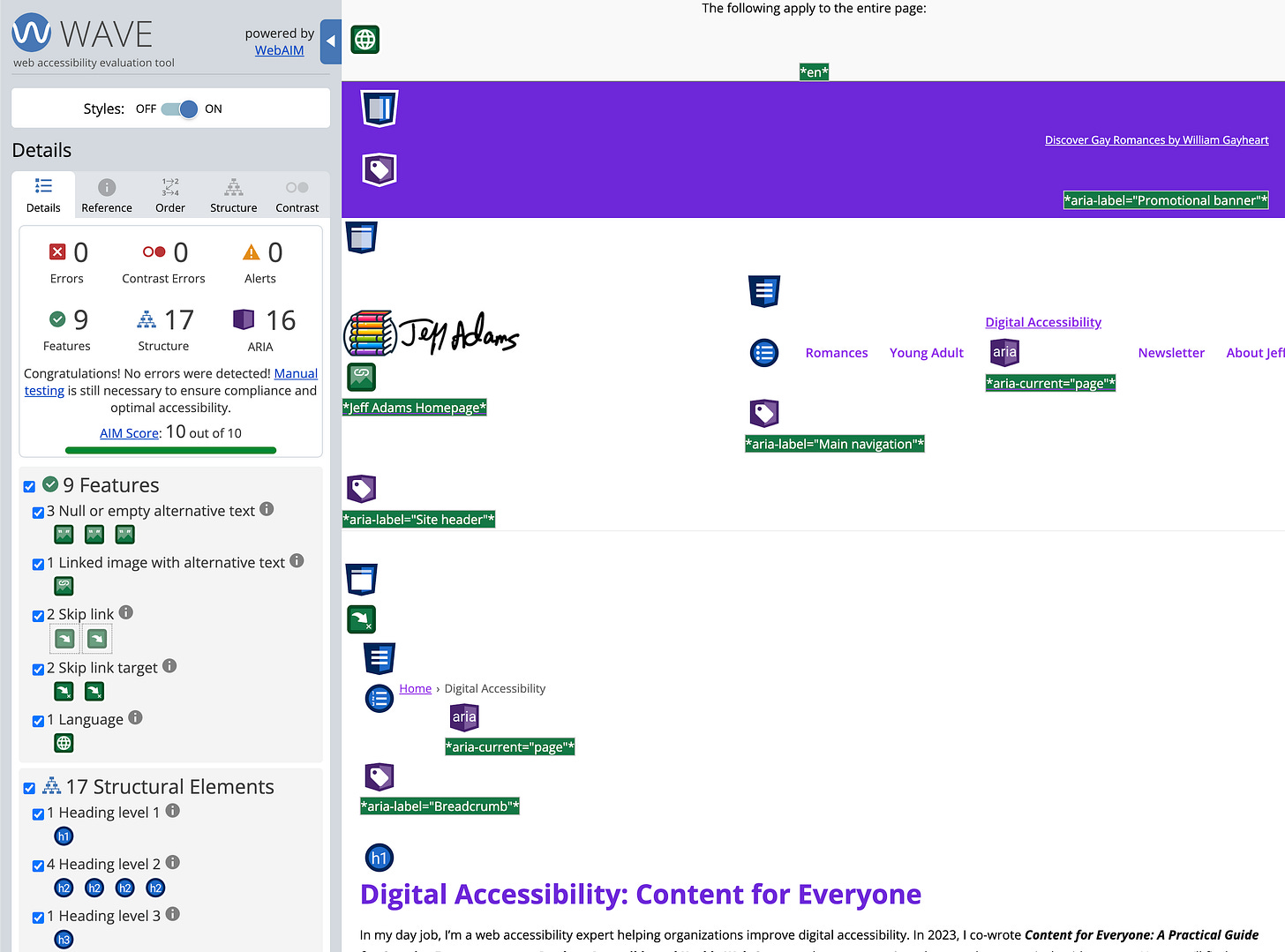 Jeff's website with the WAVE tool open on the left side. It shows zero errors, zero contrast errors, zero alerts, as well as features, structure, and ARIA elements to review.