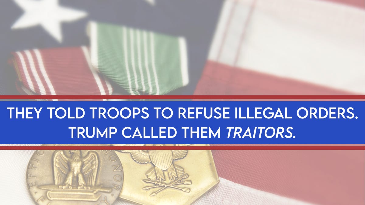 Hero graphic showing U.S. military medals on an American flag with bold text reading “They told troops to refuse illegal orders. Trump called them traitors,” introducing a 50501 Movement article about six veteran lawmakers investigated by the FBI after reminding service members to disobey unlawful orders. Hero graphic showing U.S. military medals on an American flag with bold text reading “They told troops to refuse illegal orders. Trump called them traitors,” introducing a 50501 Movement article about six veteran lawmakers investigated by the FBI after reminding service members to disobey unlawful orders.