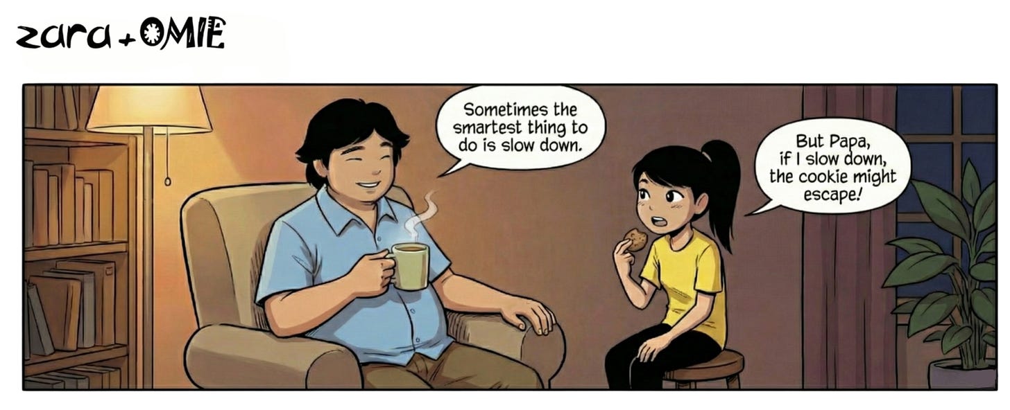 Father and daughter share a warm, funny moment about slowing down and cookies.