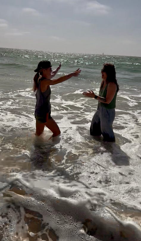 Photos of Meg and Glennon with new ear piercings, photo of Abby with her arms around Meg and Glennon, photo of Meg and Glennon about to hug in the ocean