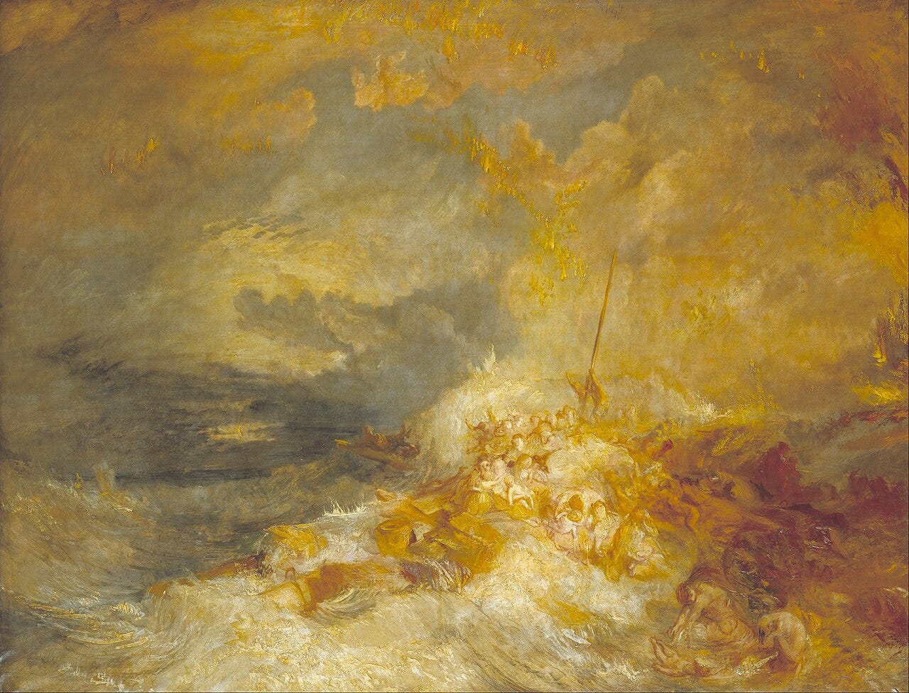 A broken mast rising from a churning yellow and white sea, with a mass of half sketched women and children clinging to wreckage around it